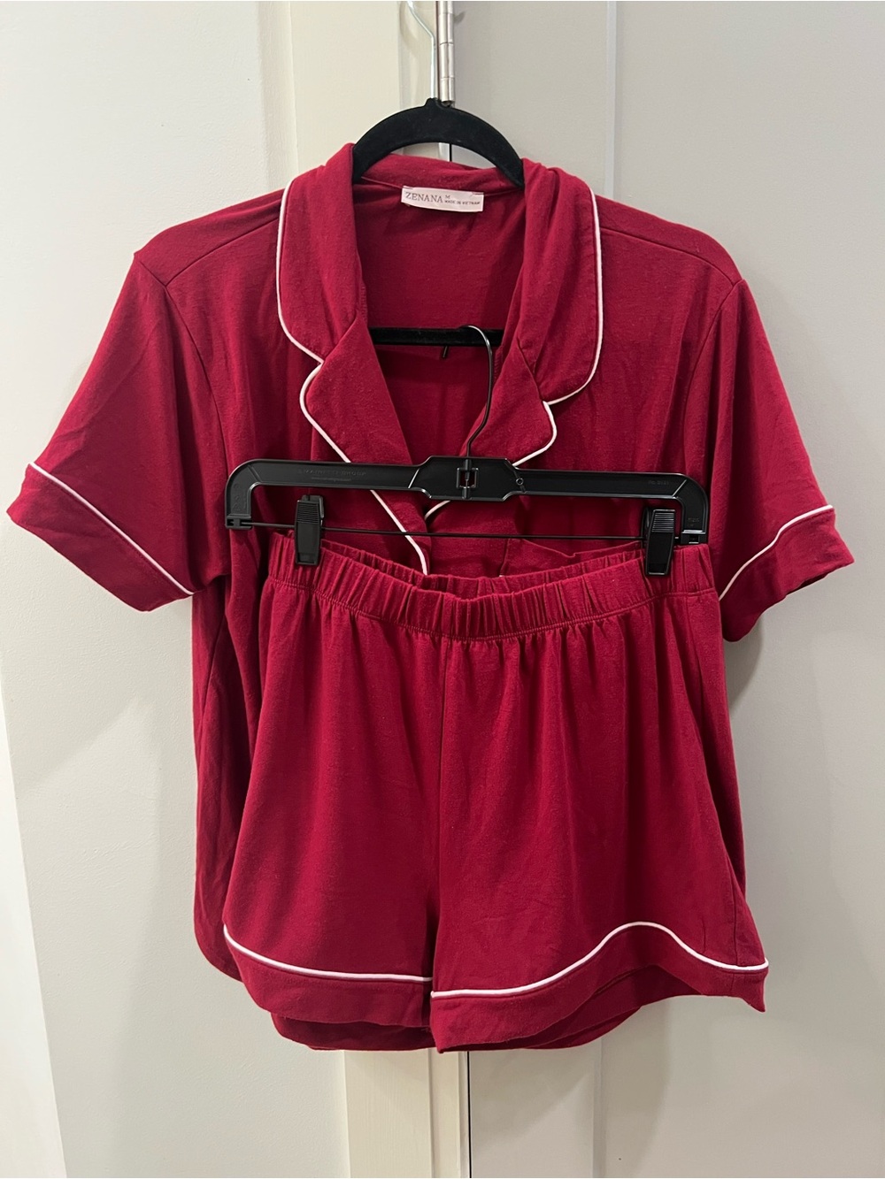 Zenana Outfitters Burgundy Short Pajama Set with White Piping